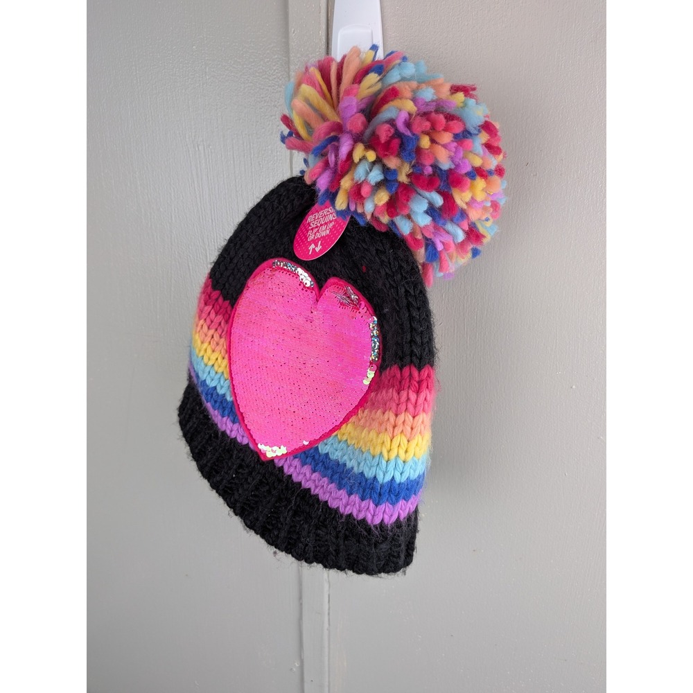 Childrens Place Girls Rainbow Stripe Beanie Flip Sequin Heart Pom Hat S/M